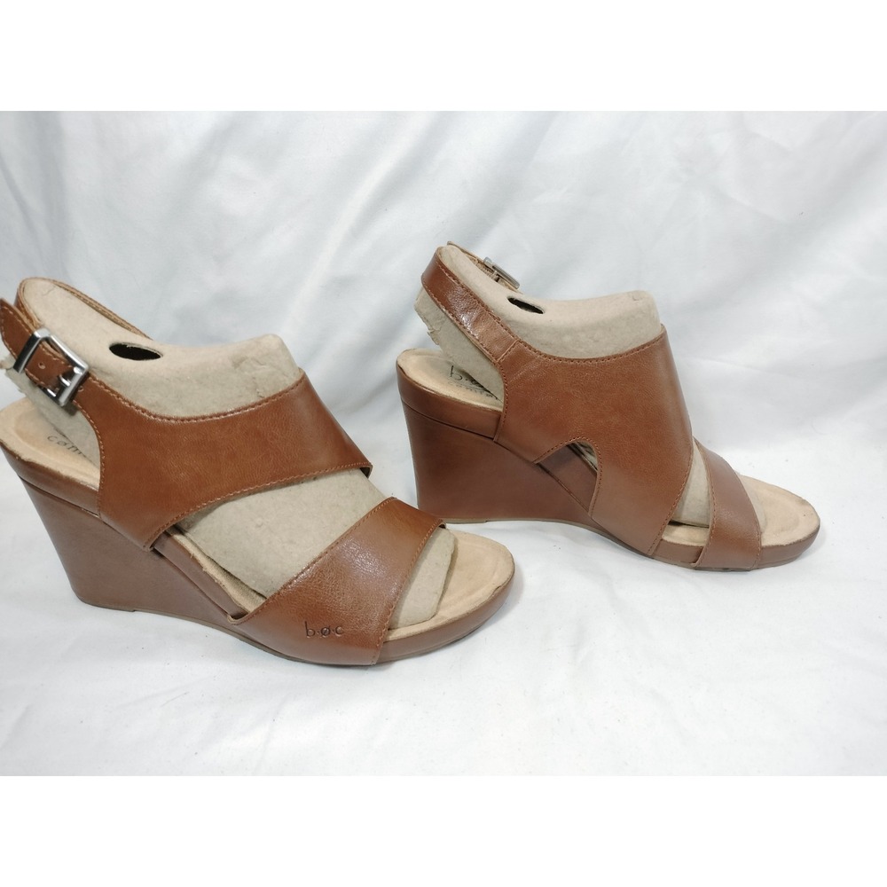 b.o.c. Comfort Brown Wedge Sandals Slingback Peep Toe
